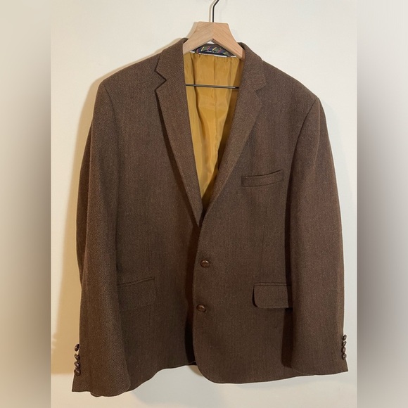 Lands End Wool Blend Brown Herringbone Suit Sport Coat Jacket Blazer Size 44R - Picture 1 of 15
